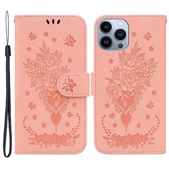 For iPhone 13 Pro 6.1 inch PU Leather Phone Cover with Strap Imprinting Roses Butterflies Pattern Shockproof Phone Case Impact-resistant Wallet Stand Cover