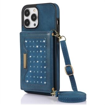 IPhone 13 Pro 6,1 tuuman PU-nahkapäällysteinen TPU-kotelo tekojalokivi Decor Wallet Kickstand RFID-esto Iskunkestävä puhelimen kansi olkahihnalla