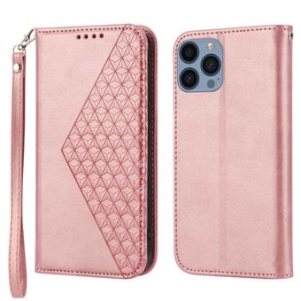 Painettu Rhombus Stand kansi iPhone 13 Pro 6,1 tuumaa, Calf Texture PU-nahkakotelo Magneettinen lompakko hihnalla