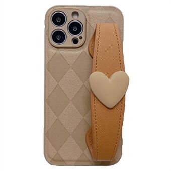 Takakuori iPhone 13 Pro 6,1 tuumaa, Scratch Rhombus painettu PU-nahkapäällysteinen PC+TPU-puhelimen suojus Love Heart -rannekkeella