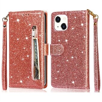 Glitter Sequins All-round Suojaus Magneettinen lukko vetoketjutasku Lompakko Flip nahkainen puhelimen kansi Stand iPhone 13 Mini - Rose Gold