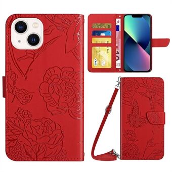 For iPhone 13 mini 5.4 inch PU Leather Skin-friendly Flip Wallet Phone Case Viewing Stand Butterfly Flower Pattern Imprinted Protective Cover with Shoulder Strap