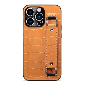 For iPhone 13 Pro Max 6.7 inch Crocodile Texture DW PU Leather Coated TPU Case Precise Cutout Hand Strap Kickstand Cover with Card Holder Slot