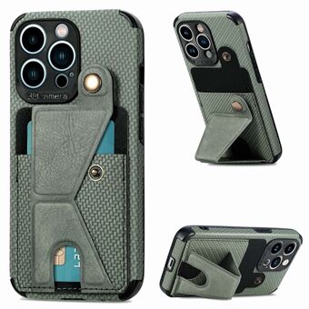 K-shape Kickstand Card Slot Phone Case for iPhone 13 Pro Max 6.7 inch, Carbon Fiber Texture Anti-drop Leather Coated TPU Cover