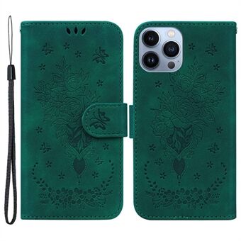 For iPhone 13 Pro Max 6.7 inch Imprinting Roses Butterflies Pattern Anti-scratch Leather Phone Case with Strap Impact-resistant Wallet Stand Cover