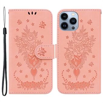 For iPhone 13 Pro Max 6.7 inch Imprinting Roses Butterflies Pattern Anti-scratch Leather Phone Case with Strap Impact-resistant Wallet Stand Cover