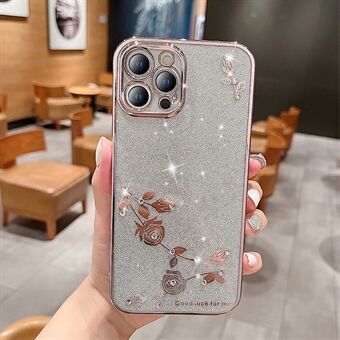 IPhone 13 Pro Max 6,7 tuuman tekojalokivi Decor Galvanointi Scratch puhelinkotelo Kukkakuvioinen sisustus Glitter Powder Putoamista estävä TPU-puhelimen kansi