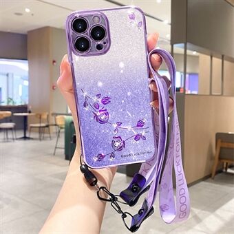 TPU-puhelimen suojakuori iPhone 13 Pro Max 6,7 tuumalle, kukkamuotoinen tekojalokivi glitterkotelo hihnalla