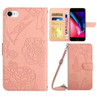 For iPhone 7 / iPhone 8 / iPhone SE 2020/2022, Butterflies Flower Imprinted Stand Leather Case Wallet Cover with Shoulder Strap