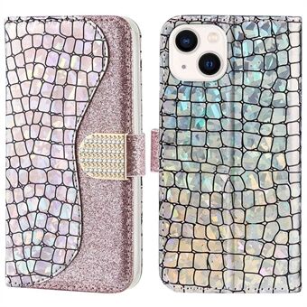 IPhone 14:lle 6,1 tuuman Sparkly Glitter Splicing Stand Puhelimen kansi Krokotiili Teksture Kulumista estävä PU-nahkainen lompakko Style Shell