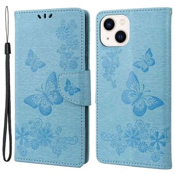 IPhone 14:lle 6,1 tuuman PU-nahkainen Big Butterflies -kukkakuvio painatus puhelimen kannen Stand Toiminto Lompakon kääntävä magneettikotelo hihnalla