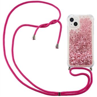 IPhone 14 6,1 tuuman Glitter Flowing Liquid Kelluva puhelinkotelo Quicksand Clear pehmeä TPU-suojakuori säädettävällä narulla