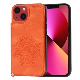 IPhone 14:lle 6,1 tuuman Mandala Flower Print -korttipaikka Jalusta Nahkapäällysteinen TPU-puhelinkotelo Scratch suojus rannehihnalla