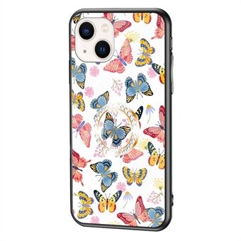 IPhone 14:lle 6,1 tuuman Butterfly-sarjan karkaistu lasi + PC + TPU-puhelinkotelo Butterfly Pattern Ring jalustan kansi