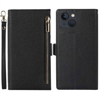 IPhone 14:lle vetoketjullinen tasku Design puhelinkotelo Litchi Texture Full Protection PU nahkainen puhelimen läppäkuori lompakko hihnalla