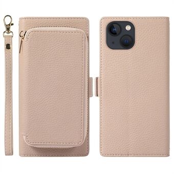 2-in-1 Wallet-puhelinkotelo iPhone 14:lle iskunkestävälle kotelolle Litchi Texture Magneettinen PU-nahkainen Stand vetoketjulla korttilaukkulla / hihnalla