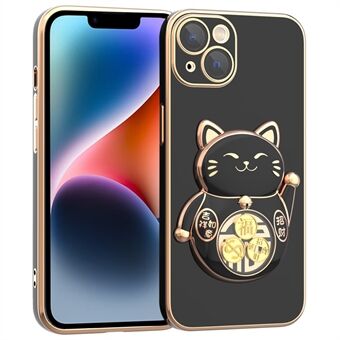 IPhone 14 -puhelinkotelolle Lucky Fortune Cat Kickstand TPU+PC Galvanoitu puhelimen suojus kameran linssisuojalla