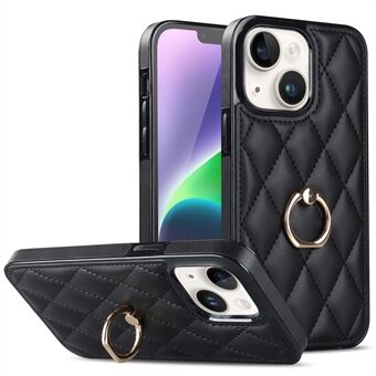 IPhone 14 PU-nahka + TPU-puhelimen kotelo, painettu Rhombus Ring jalustan puhelimen kansi