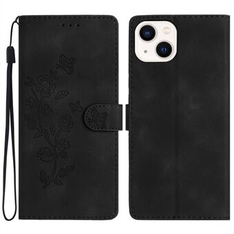 Flower Imprint -lompakkokotelo iPhone 14:lle, PU-nahka + TPU- Stand puhelimen kansi