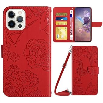 IPhone 14 Pro 6,1 tuuman painatus Butterfly Flowers -puhelinkotelo PU-nahkainen sisäinen TPU- Stand kansi olkahihnalla