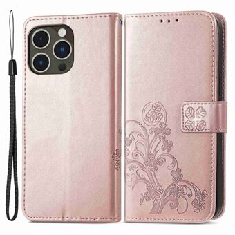 IPhone 14 Pro 6,1 tuuman lompakko Folio Flip Phone Case Stand Nelilehtinen Clover-kuvioinen painettu PU-nahkainen TPU-suojus hihnalla