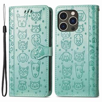 IPhone 14 Pro 6,1 tuuman painettu Cat Dog Pattern PU-nahkakotelo Stand Lompakkoteline Puhelimen suojus hihnalla