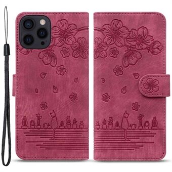 IPhone 14 Pro :lle 6,1 tuuman Cherry Blossom Cat painettu Stand puhelinkotelo PU-nahkainen lompakko Folio Flip-suojus hihnalla