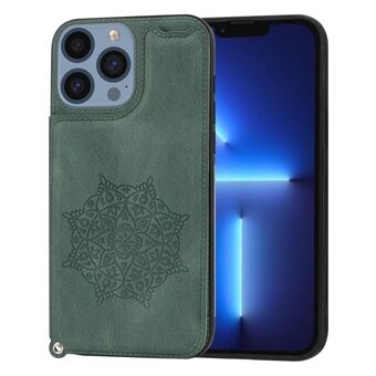 IPhone 14 Pro 6,1 tuuman korttipaikka Kickstand Nahkapäällysteinen TPU-kotelo Mandala Flower Imprint -puhelimen suojakuori rannehihnalla