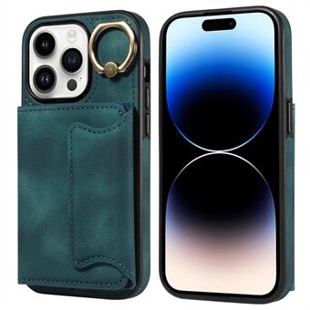 001 iPhone 14 Pro Suojakotelo Kickstand PU+TPU Puhelinkotelo Rengaspidikkeellä ja Korttipaikoilla