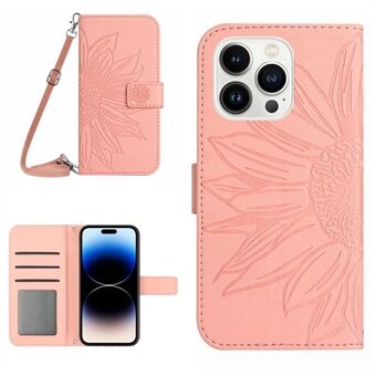 Painettu Sunflower-puhelinkotelo iPhone 14 Pro, HT04 Stand Wallet Skin-touch PU-nahkainen sisäinen TPU-suojus olkahihnalla