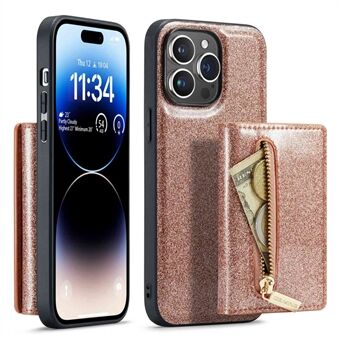 DG.MING M3 Series iPhone 14 Pro 2-in-1 Glitteri PU-nahkapäällysteinen PC+TPU-suojapuhelinkotelo Jalusta Magneettinen irrotettava vetoketjullinen Lompakon puhelimen kansi