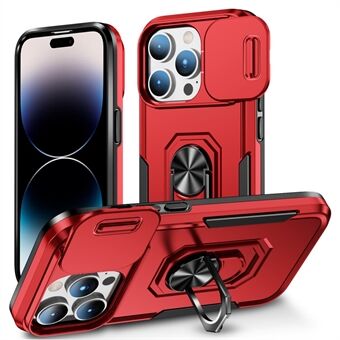 IPhone 14 Pro PC:lle + TPU- Ring Kickstand-puhelimen kotelo Liukukameran suojus Pudotuksenkestävä suojus autoon kiinnitettävällä metallilevyllä