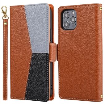 Nahkainen puhelinkuori iPhone 14 Pro, kolmivärinen liitos Litchi Texture Wallet -puhelintelineen Stand hihnalla