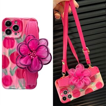 IPhone 14 Pro Pattern TPU Case Gauze Flower Nahkainen ranneke puhelimen suojakuori olkahihnalla