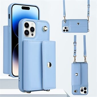 IPhone 14 Pro :lle magneettipainikekorttilaukku Puhelimen suojus PU-nahka+TPU-kotelo Crossbody-hihnalla