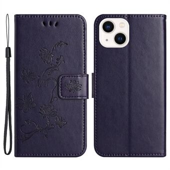 IPhone 14 Plus -lompakkotyylinen Butterfly Flower -kuvioinen painettu pudotuksenkestävä kotelo PU-nahkainen Stand Puhelimen kuori ja hihna