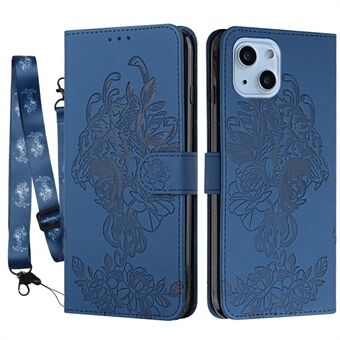 IPhone 14 Plus Tiger Pattern -painatus PU-nahasta, täysin suojattu puhelinkotelo Stand Lompakon suojus hihnalla