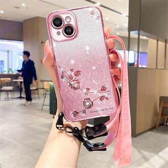 TPU-puhelimen suojakuori iPhone 14 Plus -puhelimelle, kukkakuvioinen tekojalokivi Glitter iskunkestävä kotelo hihnalla