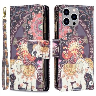 BF Pattern Printing Nahka Series-4 Vetoketjullinen taskukotelo iPhone 14 Pro Max 6,7 tuumalle, 03-tyylinen taitettava Stand PU-nahkainen lompakko Magneettisesti suljettava puhelimen kansi