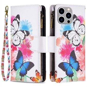 BF Pattern Printing Nahka Series-4 Vetoketjullinen taskukotelo iPhone 14 Pro Max 6,7 tuumalle, 03-tyylinen taitettava Stand PU-nahkainen lompakko Magneettisesti suljettava puhelimen kansi