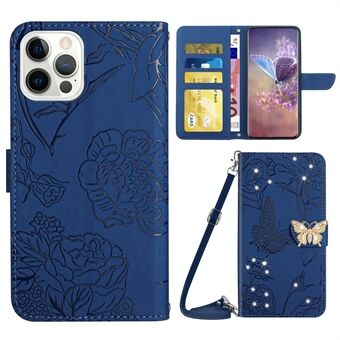 IPhone 14 Pro Max 6,7 tuuman Butterfly Flowers painettu tekojalokivikoristelu puhelimen suojakuori lompakko Hands-free- Stand nahkakotelo olkahihnalla