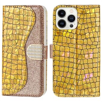 IPhone 14 Pro Max 6,7 tuuman Sparkly Glitter Splicing Pudotuksenkestävä kansi Crocodile Texture Stand Toiminto PU-nahkainen lompakon kuori