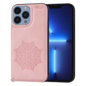 IPhone 14 Pro Max 6,7 tuuman Mandala Flower Print Nahkapäällysteinen TPU-suojakotelo Korttipaikka Kickstand Iskunkestävä suojus hihnalla