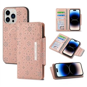 IPhone 14 Pro Max:lle Tyylikäs painettu Glitter Flower Design Irrotettava kotelo PU-nahka+TPU Täyssuojaus Puhelimen suojus lompakolla