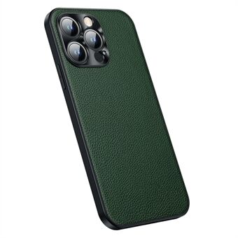 IPhone 14 Pro Max -puhelinkotelolle lehmännahkainen nahka + TPU-takakuori putoamaton Litchi Texture -puhelinkotelo metallikamerakehyksellä