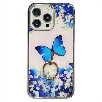 IPhone 14 Pro Max Ring Kickstand -puhelinkotelolle IMD Flower Pattern Galvanointi PC+TPU-suojus