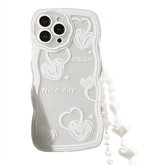 TPU-kuori iPhone 14 Pro Max -puhelimelle, kirkas kansi, sydänkuvio aaltoileva Edge -matkapuhelinkotelo rannehihnalla