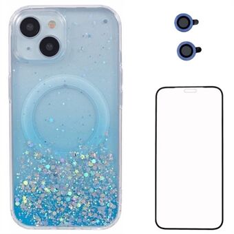 WANLONFENG JWT -sarja iPhone 15:lle Glitter-sekki TPU + akryyli magneettinen puhelimen kotelo näyttökalvolla + linssikalvolla - Sininen