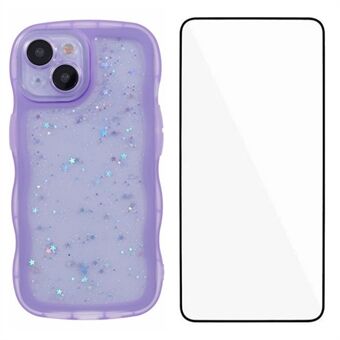 WANLONFENG JWT Series iPhone 15 TPU Kotelo Epoksipuhelimen Suojakuori Aaltomainen Reuna Karkaistulla Lasilla