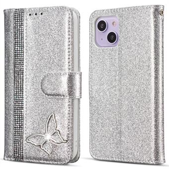 iPhone 15 Glitter Nahkakotelo Metallisella Timanttisella Lompakkojalustalla